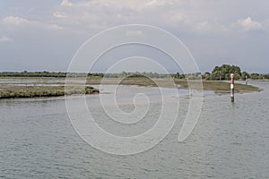 large saltmarsh delimited by signposts at lagoon, Grado, Friuli, Italy