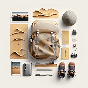 Large sand-colored backpack at the center of various objects, mobile phone, notebook, boots. photo