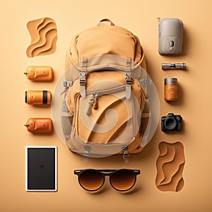 Large sand-colored backpack, in the middle of other accessories, glasses, tablet, camera, placed on a flat surface photo