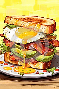 A large sandwich with scrambled eggs, avocado and bacon on a plate. Menu. Breakfast