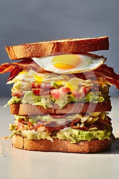 A large sandwich with scrambled eggs, avocado and bacon on a plate. Menu. Breakfast