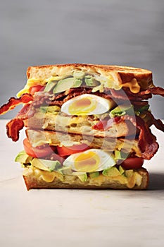 A large sandwich with scrambled eggs, avocado and bacon on a plate. Menu. Breakfast