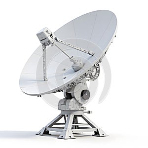 Large satellite communication dish on a white isolated background.