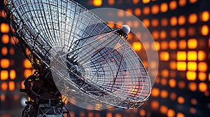 Large satellite dish with glowing orange data grid background