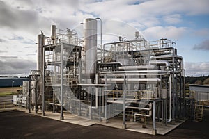 large-scale bioenergy facility, with processing equipment and boilers visible