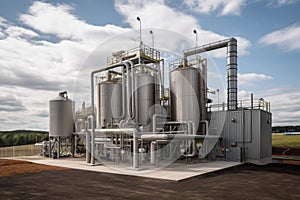 large-scale bioenergy facility, with processing equipment and boilers visible