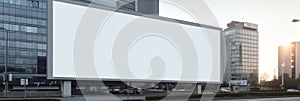 Large scale blank billboard banner in front of modern office building, generative AI