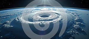 Large-scale cyclone or hurricane that originated in the ocean and is heading for land, causing damage with high wind speeds,