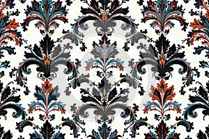 Large scale damask design featuring bold, stylized leaves and vines in black and white , abstract, interior design