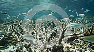 A large school of fish swims through a severely affected area of bleached coral struggling to find a new home in the