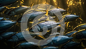 A large school of multi colored fish in a tropical reef generated by AI