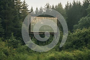 A large screen in the middle of a forest. Generative AI image.