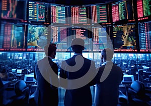 Large screens with trading charts and traders trying to analyse stock market.Macro.AI Generative