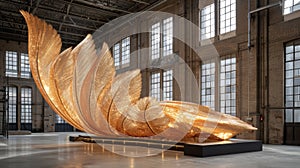 A large sculpture of a golden feather in an industrial building, AI