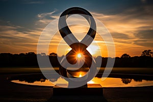 a large sculpture of an infinity symbol in front of a lake