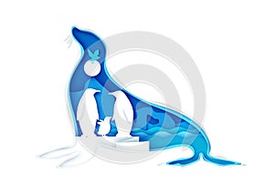 Large seal animal silhouette with Arctic landscape, pinguins family and bird, vector illustration in paper art style.