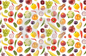 Large seamless pattern of beautiful bright vegetables and fruits isolated on white