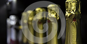 Large selection of champagne on store shelves. Traditional holidays and events. Close-up. Panorama format photo