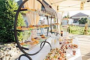 A large selection of food and different snacks in the oncoming zone of guests. A buffet for guests