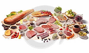 Large selection of meat products including ham, salami, bacon, cheese and vegetables.