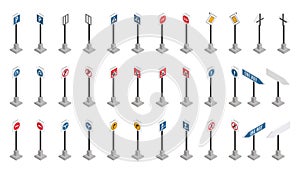 Large selection of road signs in isometric style