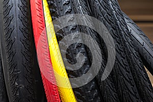 Large selection of tires with a different tread and colour