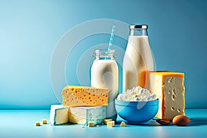 Large selection of useful and nutritious dairy products on blue table