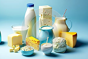 Large selection of useful and nutritious dairy products on blue table