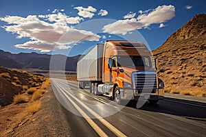 A large semi truck driving down a desert road during the day