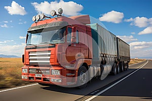 A large semi truck driving down a desert road during the day