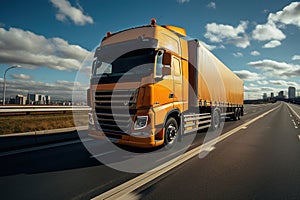 A large semi truck driving down a desert road during the day. European truck