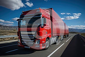 A large semi truck driving down a desert road during the day. European truck