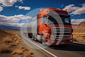 A large semi truck driving down a desert road during the day. European truck
