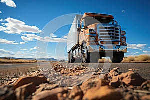 A large semi truck driving down a desert road. Low pint of view. Close up