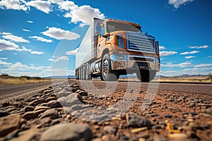 A large semi truck driving down a desert road. Low pint of view. Close up