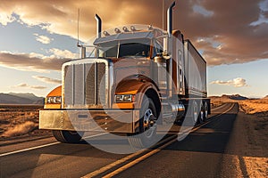 A large semi truck driving down a desert road at sunset