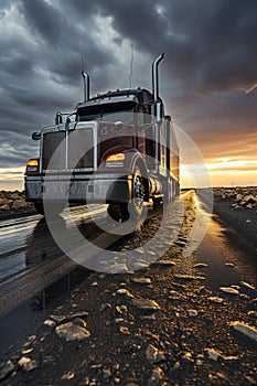 A large semi truck driving down a desert road at sunset