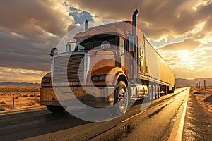 A large semi truck driving down a desert road at sunset