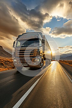 A large semi truck driving down a desert road at sunset. European truck