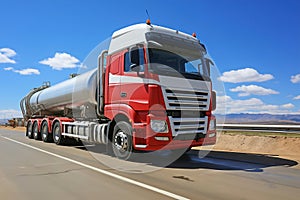 A large semi truck transporting tank of fuel driving down a road