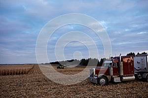 Large semi waiting at the edge of a maize field