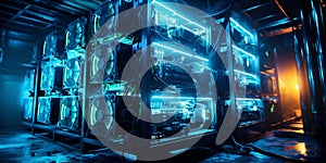 large server with blue backlight