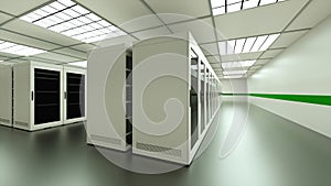 Large server room interior in datacenter, web network and internet telecommunication technology, data storage and cloud