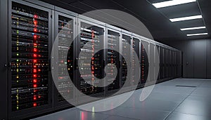 Server room with rows of computer servers