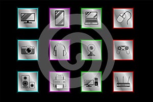 Large set of 12 icons, symbol for digital, video and computer equipment in high tech metal and steel style. Vector horizontal