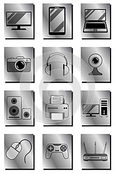 Large set of 12 icons, symbol for digital, video and computer equipment in high tech metal and steel style. Vector vertical