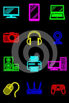 Large set of 12 icons, symbol for digital, video and computer equipment in retro neon style. Vector vertical