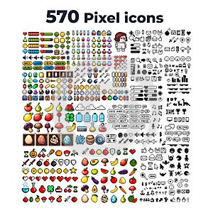 LARGE set of 8-bit pixel icons. Isolated vector illustrations for web. Game art, props