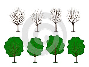A large set of abstract stylistic trees with green leaves and bare branches. different seasons in the garden.