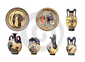 A large set of ancient Greek vases and plates on a white background